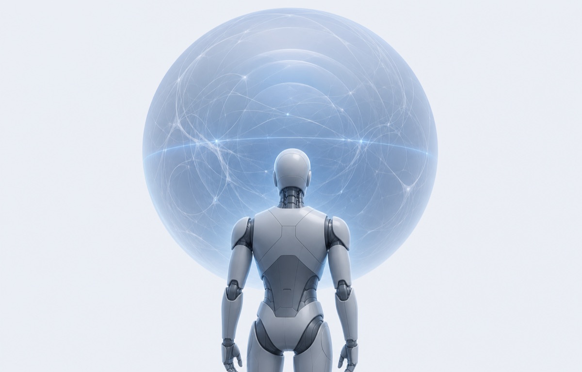 A robotic agent facing a levitating blue sphere