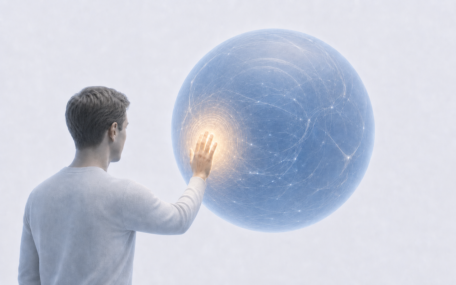 A person places their hand on an illuminated identity sphere