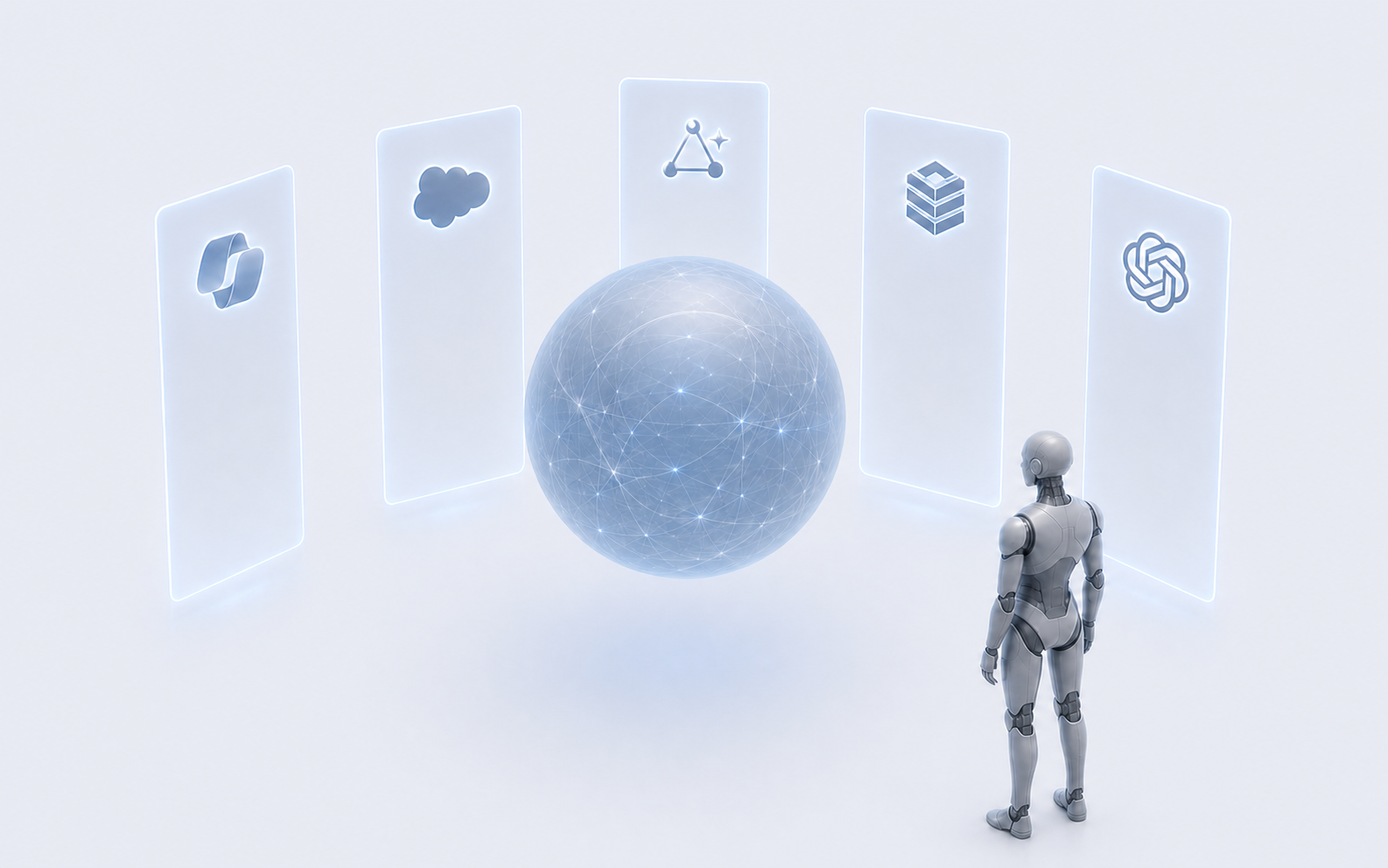An AI agent faces its Ethos surrounded by holographic interfaces for Copilot, Salesforce, Vertex AI, Bedrock, and OpenAI